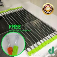 DW Roll-up Drying Rack Stainless Steel Foldable Over Sink Rack Green Silver Kitchen Safe Neat Clean Flexible Space Saving FREE Silicone Spatula And Brush Set - B01N6LCEUY